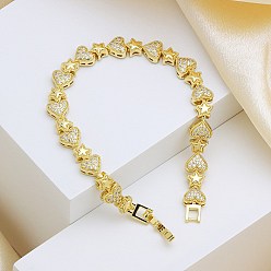 Звезда Латунные браслеты-цепочки с микропаве из прозрачных кубических цирконий для женщин, Сердце и звезда, 7-3/4 дюйм (19.6 см)