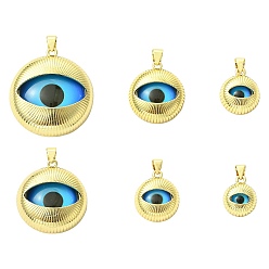 Real 18K Gold Plated 6Pcs 6 Styles Brass Resin Pendants, Flat Round with Eye, Long-Lasting Plated, Rack Plating, Cadmium Free & Lead Free, Real 18K Gold Plated, 15~35x12~32x5~8mm, Hole: 4x3.5mm, 1pc/style
