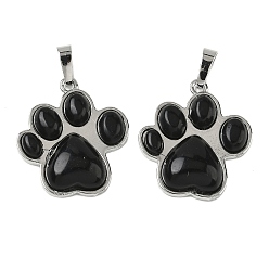 Обсидиан Природные подвески обсидиана, латунные подвески в виде отпечатков лап, платина, стойки покрытие, 28x24.5~25x5.5~6 мм, отверстие : 8~8.5x4.5~5 мм