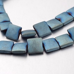 Green Plated Electroplate Non-magnetic Synthetic Hematite Bead Strands, Frosted, Flat Slice Square Beads, Green Plated, 8x8x3mm, Hole: 1mm, about 49pcs/strand, 15.7 inch