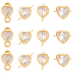 Real 18K Gold Plated 24Pcs 4 Styles Brass Pave Clear Cubic Zirconia Links, Heart, Real 18K Gold Plated, 6.5~9x5~9.5x2.5~3.5mm, Hole: 0.7~1.2mm, 6pcs/style