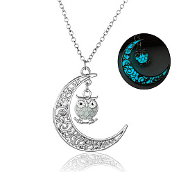 Cyan Alloy Moon and Owl Cage Pendant Necklace with Synthetic Luminaries Stone, Glow In The Dark Jewelry for Women, Cyan, 17.72 inch(45cm)