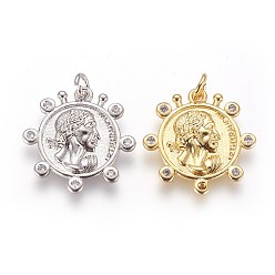 (52) Непрозрачная лаванда Латунные подвески, с кубического циркония, цветок с человеком, прозрачные, разноцветные, 21x20x2 мм, отверстие : 2.5 мм