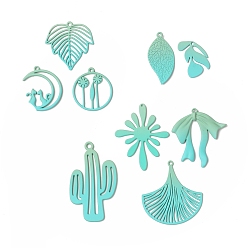 Medium Aquamarine Spray Painted Alloy Charms, Flower & Leaf & Bowknot & Cactus & Moon, Medium Aquamarine, 21~44.5x15~33.5x1~2.5mm, Hole: 1.2~1.5mm, 18pcs/set