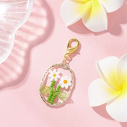 Оранжевый Овальный с цветочным стеклянным бисером и подвесками из лэмпворка и сплава, с карабин-лобстерами , золотые, оранжевые, 49.5 мм