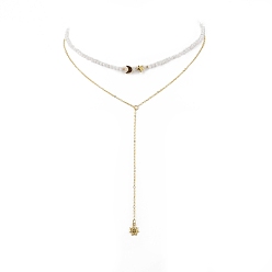 Golden Brass Moon & Star Charms Double Layer Necklace, Natural Rainbow Moonstone Beaded Chains Necklace for Women, Golden, 14.96 inch(38cm)