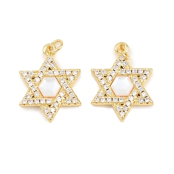 Настоящее золото 18K Латунные микропаве прозрачные подвески с фианитом, звезда прелести Дэвида, долговечный, стойки покрытие, без свинца и без кадмия, реальный 18 k позолоченный, 24x18x3 мм, Перейти кольцо: 5x1 мм, внутренний диаметр: 3 мм