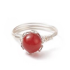 Carnelian Natural Carnelian Braided Bead Finger Ring, Copper Wire Wrap Jewelry for Women, Silver, Inner Diameter: US Size 7 1/4(17.5mm)