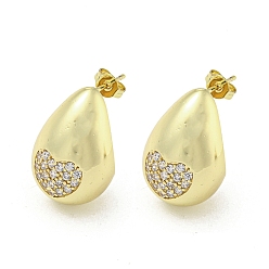 Golden Brass with Cubic Zirconia Stud Earrings, Teardrop, Golden, 21x14mm
