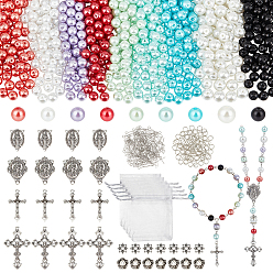 Mixed Color DIY Findings Kits, include 16Pcs 4 Styles Tibetan Style Alloy Pendants, 540Pcs 9 Colors Baking Paint Pearlized Glass Pearl Round Bead, 60Pcs Zinc Alloy Bead Caps, Mixed Color, 9x7cm