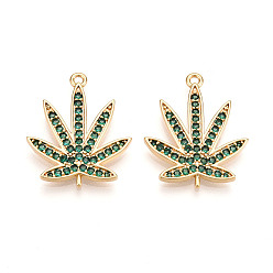 Зеленый Латунные микро проложить кубического циркония подвески, кленовый лист подвески, долговечный, без никеля , реальный 18 k позолоченный, зелёные, 24.5x20x2 мм, отверстие : 1.5 мм