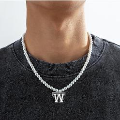 Letter W ПВХ кулон с инициалом, пластиковые жемчужины, круглые бусины, ожерелья для женщин и мужчин, платина, белые, Буква W, 17.72 дюйм (45 см)