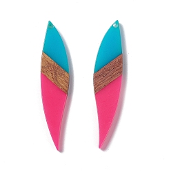 Темно-Розовый Большие подвески из непрозрачной смолы и орехового дерева, лист прелести, темно-розовыми, 53x11.5x3 мм, отверстие : 1.8 мм