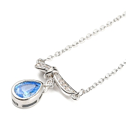 Platinum Bowknot with Teardrop Cubic Zirconia Pendant Necklace with Brass Cable Chains, Platinum, 16.73~16.81 inch(42.5~42.7cm)