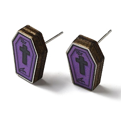 Polygon Деревянные серьги-гвоздики, с 316 хирургическим стержнем из нержавеющей стали, Хэллоуин тема, темные орхидеи, многоугольник, 16x10 мм