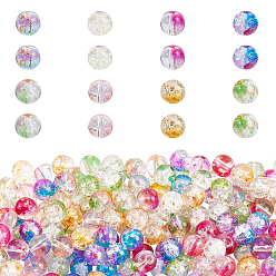 Mixed Color Transparent Spray Painted Crackle Glass Beads, with Golden Foil, Round, Mixed Color, 8~9mm, Hole: 1.2~1.5mm, 8 colors, about 35pcs/color, 280pcs/box
