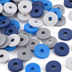Dark Gray 4 Colors Handmade Polymer Clay Beads, Heishi Beads, Disc/Flat Round, Dark Gray & Prussian Blue & Dodger Blue & White, 8x0.5~1.5mm, Hole: 2mm, about 11500pcs/1000g