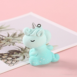 Аквамарин Большие подвески из непрозрачной смолы, с железными петлями, единорог, аквамарин, 55x25 мм