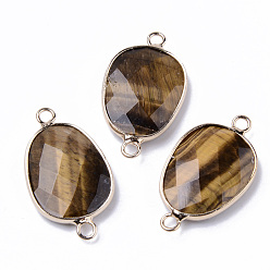 Tiger Eye Natural Tiger Eye Links Connectors, with Light Gold Plated Edge Brass Loops, Oval, Faceted, 30.5~31.5x17.5x5~6mm, Hole: 2mm