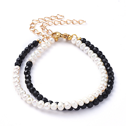 Black Agate Natural Black Agate & Freshwater Pearl Beaded Bracelet Sets, Stackable Bracelets, with Lobster Claw Clasps and Brass Beads, 7-1/2 inch(19cm), 2pcs/set