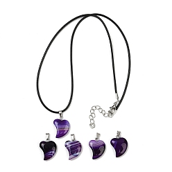 Индиго Ожерелья с подвеской в виде сердца из окрашенного натурального полосатого агата, плетеные черные шнуры ожерелья, цвет нержавеющей стали, индиговые, 18.39 дюйм (46.7 см)