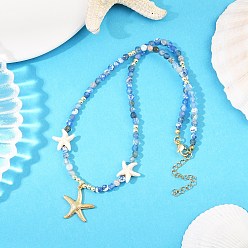 Синий Синтетическая бирюза и окрашенный натуральный агат, ограненные круглые бусины в форме морской звезды 304 ожерелья из нержавеющей стали для женщин, золотые, синие, 16.34 дюйм (41.5 см)