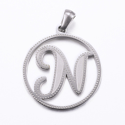 Letter N Non-Tarnish 304 Stainless Steel Pendants, Flat Round with Letter, Stainless Steel Color, Letter.N, 28x25x1.2mm, Hole: 6x3.5mm