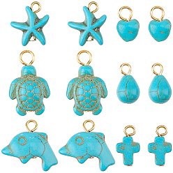 Mixed Shapes 60Pcs 6 Styles Dyed Synthetic Turquoise Pendants, with Golden Iron Loops, Mixed Shapes, 13~22mm, Hole: 2~3mm, 10pcs/style