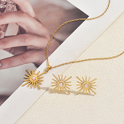Золотой Наборы из сережек-гвоздиков и подвесок из нержавеющей стали в виде солнца для женщин., с пластиковой имитационной жемчужиной, золотые, ожерелья: 16.14 дюйм (41 см)