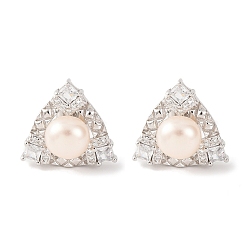 Real Platinum Plated 925 Sterling Silver Triangle Stud Earrings, with Natural Pearl & Clear Cubic Zirconia, Real Platinum Plated, 14x15mm
