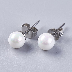 Белый Гальванические серьги-гвоздики с жемчугом, с 304 фурнитурой из нержавеющей стали, белые, 17x6 мм, контактный: около 0.6 mm