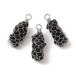 Обсидиан Покрытие стойки, медная проволока, обернутая натуральным обсидиановым чипом, большие подвески, подвески из драгоценных камней в макраме, без кадмия и без свинца, платина, 45.5~56x17~20x17~22 мм, отверстие : 5~6.5 мм