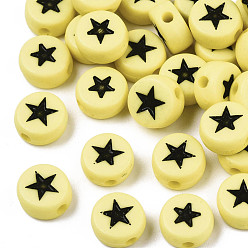 Champagne Yellow Opaque Acrylic Beads, with Enamel, Flat Round with Star, Champagne Yellow, 7x4mm, Hole: 1.5mm, about 3416pcs/500g