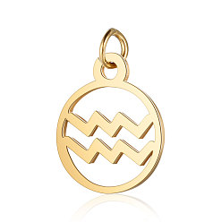 Aquarius 201 Stainless Steel Charms, with Jump Rings, Polished, Flat Round with Constellation, Golden, Aquarius, 13x11x1mm, Hole: 2.5mm