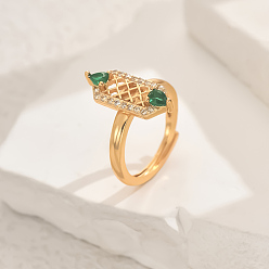 Зеленый Латунные микропаве кубические цирконии геометрические регулируемые кольца для женщин, шестиугольник, золотые, зелёные, 19x7.5 мм, внутренний диаметр: регулируемый