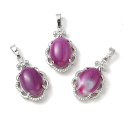 Полосатый Агат Овальные подвески из натурального агата с полосками орхидеи (окрашенные и нагретые), подвески в форме цветка из латуни платинового цвета с микропаве и прозрачным фианитом, долговечный, без свинца и без кадмия, 30x19x10 мм, отверстие : 7.8x5 мм