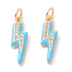 Темно-Голубой Латунные микропаве прозрачные подвески с фианитом, с эмалью и прыжковым кольцом, долговечный, удар молнии, реальный 18 k позолоченный, глубокое синее небо, 19x5.5x2 мм, отверстие : 3.6 мм