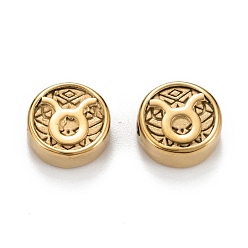 Телец Ионное покрытие (ip) 304 шарики из нержавеющей стали, плоский круглый с рисунком созвездий, Телец, 10x4 мм, отверстие : 1.8 мм