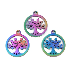 Rainbow Color 304 подвески из нержавеющей стали, лазерная резка, плоская круглая с подвеской дерево жизни, Радуга цветов, 17.5x15x1 мм, отверстие : 1.5 мм