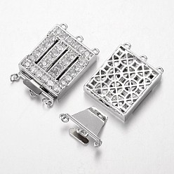Платина Латунь кубического циркония коробка застежками, без кадмия, без никеля и без свинца, прямоугольные, платина, 32.5x22x6.4 мм, Отверстие: 1.5 & 2.5 мм
