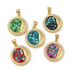 Mixed Color Brass Micro Pave Cubic Zirconia Pendants, Cadmium Free & Lead Free, with Enamel & Shell, Real 18K Gold Plated, Color Palette, Mixed Color, 20.5x18x3mm, Hole: 4.5x3.5mm