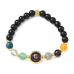 Близнецы 12 Знак зодиака натуральный черный обсидиан круглые бусины эластичные браслеты для мужчин и женщин, с синим песчаником и стеклом, Близнецы, внутренний диаметр: 2-3/8 дюйм (6 см)