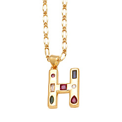 Letter H Подвеска-колье с инициалом из латуни, украшенная разноцветными кубическими циркониями., золотые, Письмо ч, 17.32 дюйм (44 см), Кулон : 20x13 мм