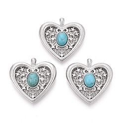Платина Синтетические бирюзовые подвески, подвески в форме сердца с латунными микропаве из прозрачных кубических цирконий, платина, 25.5x25x7.5~8 мм, отверстие : 2.5x1.8 мм