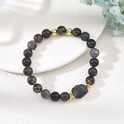 Golden Natural Iolite and Brass Beaded Stretch Bracelets for Women, Nuggets and Round, Golden, Inner Diameter: 2.36 inch(6cm)