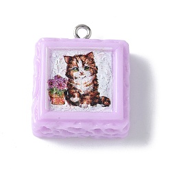Лиловый Непрозрачные подвески смолы, квадрат с кошачьими подвесками, с платиновыми железными петлями, сирень, 25x21x8.5 мм, отверстие : 2 мм
