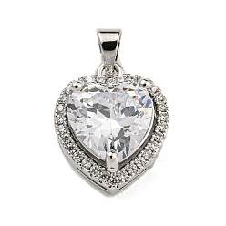 Прозрачный Покрытие стойки латунь микропаве прозрачные подвески из кубического циркония, шарма сердца, платина, прозрачные, 16.5x13.5x7 мм, отверстие : 4x3.5 мм