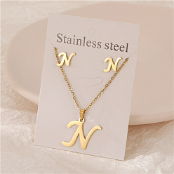 Letter N Ожерелья с подвесками в виде букв из нержавеющей стали и комплекты серег-гвоздиков, золотые, Письмо N, 450 мм