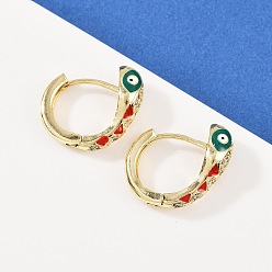 Красный Латунные микро проложить серьги обруча кубического циркония, без кадмия и без свинца, с эмалью, змея, реальный 18 k позолоченный, красные, 20x21x7.5 мм