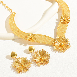 Real 18K Gold Plated Flower Iron Wedding Jewelry Sets for Women, Dangle Stud Earrings & Torques Necklaces, Real 18K Gold Plated, 17-3/4 inch(45cm), 62x45mm